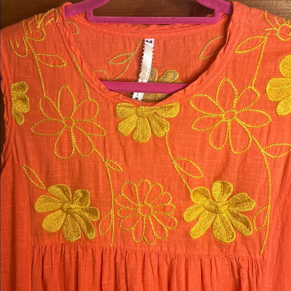 Uncle Frank Anthropologie Orange Coral Floral Embroidered Babydoll Dress M/L - Picture 4 of 7